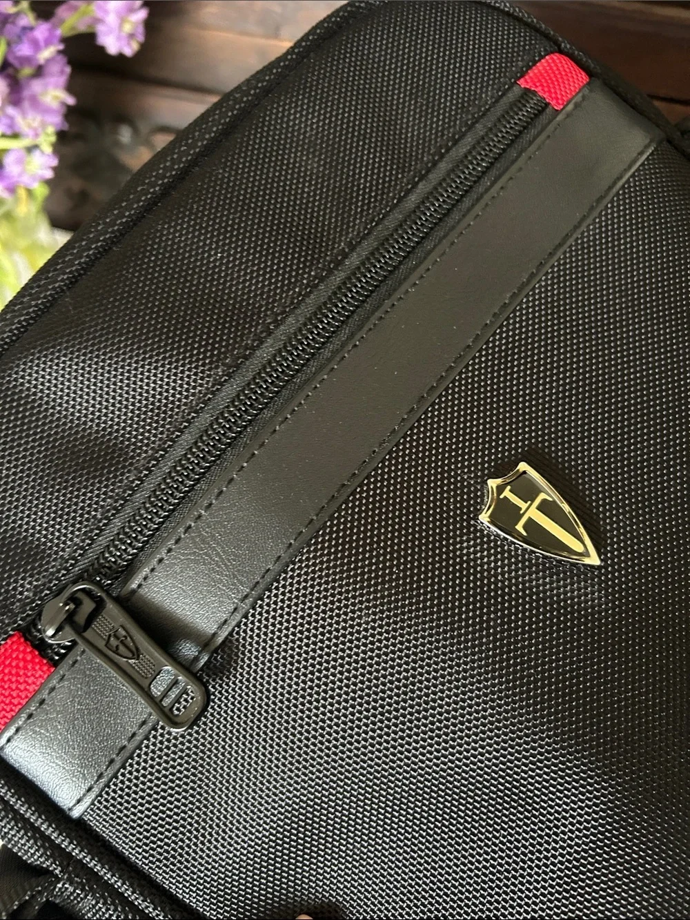 Victoria Tourist Black Messenger Bag with Red Accent Strip